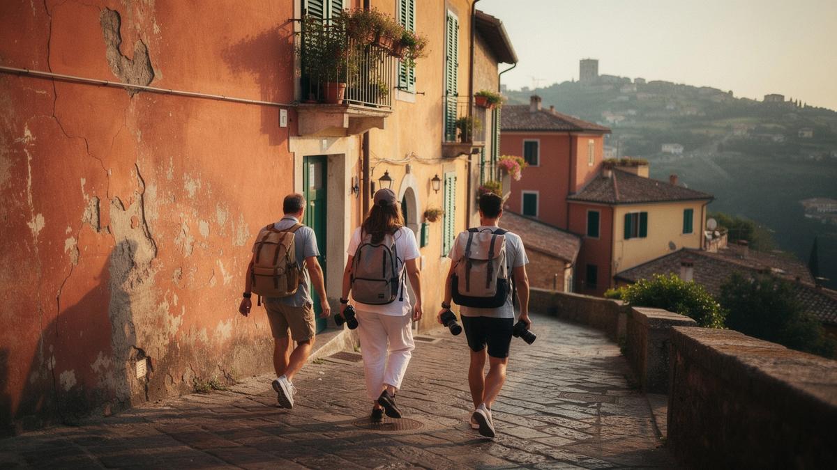 Travelers walking a stone street in an old Italian town at golden hour