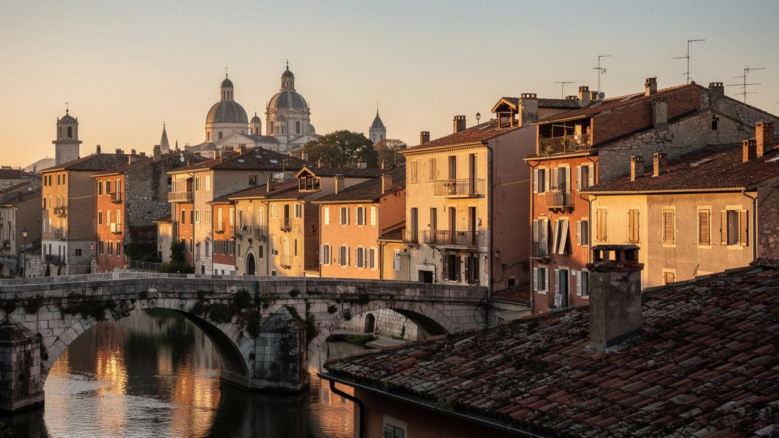 Old town rooftops and a stone river bridge in a European city at golden hour